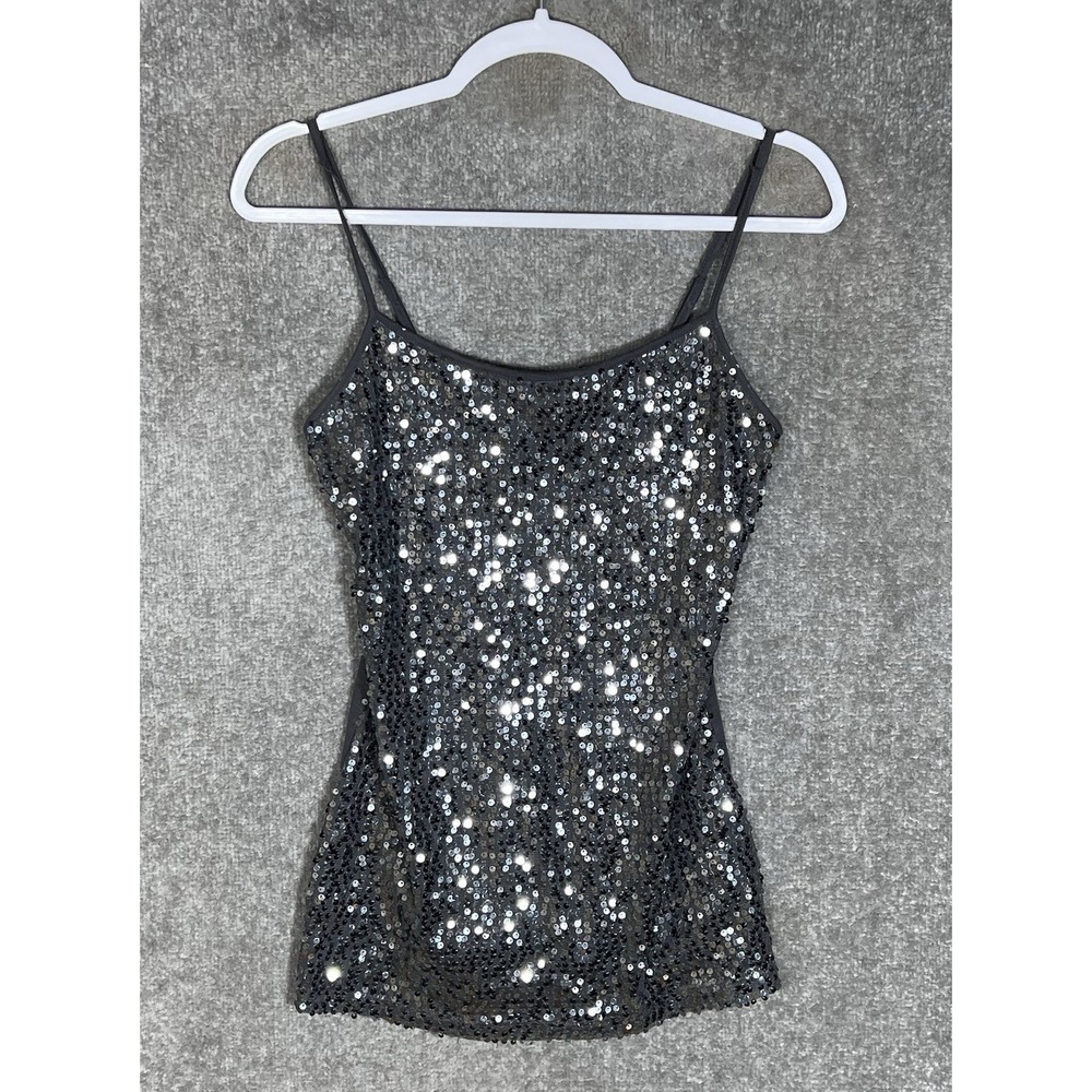 Weavers Sequin Cami Tank Top Womens Size M Gray Lined Y2K Party Glam Sparkle